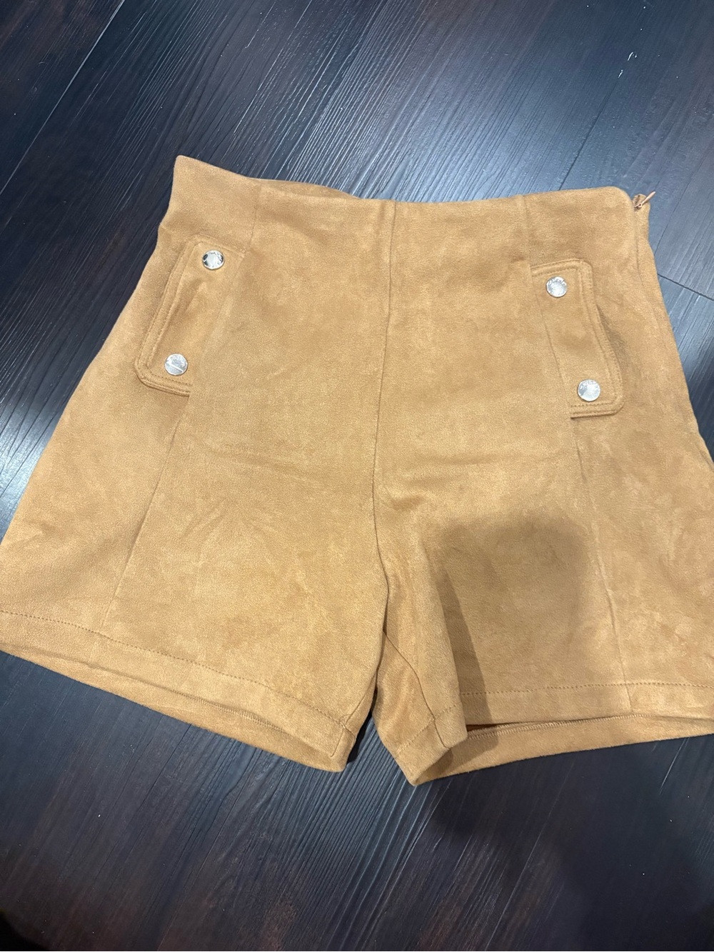 Mayoral Tan High-Waist Suede-Look Shorts with Decorative Buttons